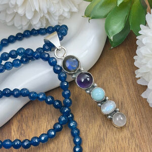 Labradorite Larimar Moonstone Pendant Necklace Sterling Silver 925 Filled New